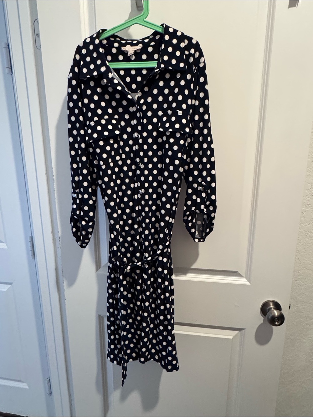 Navy Blue Polka Dot Long Sleeve Shirt Dress